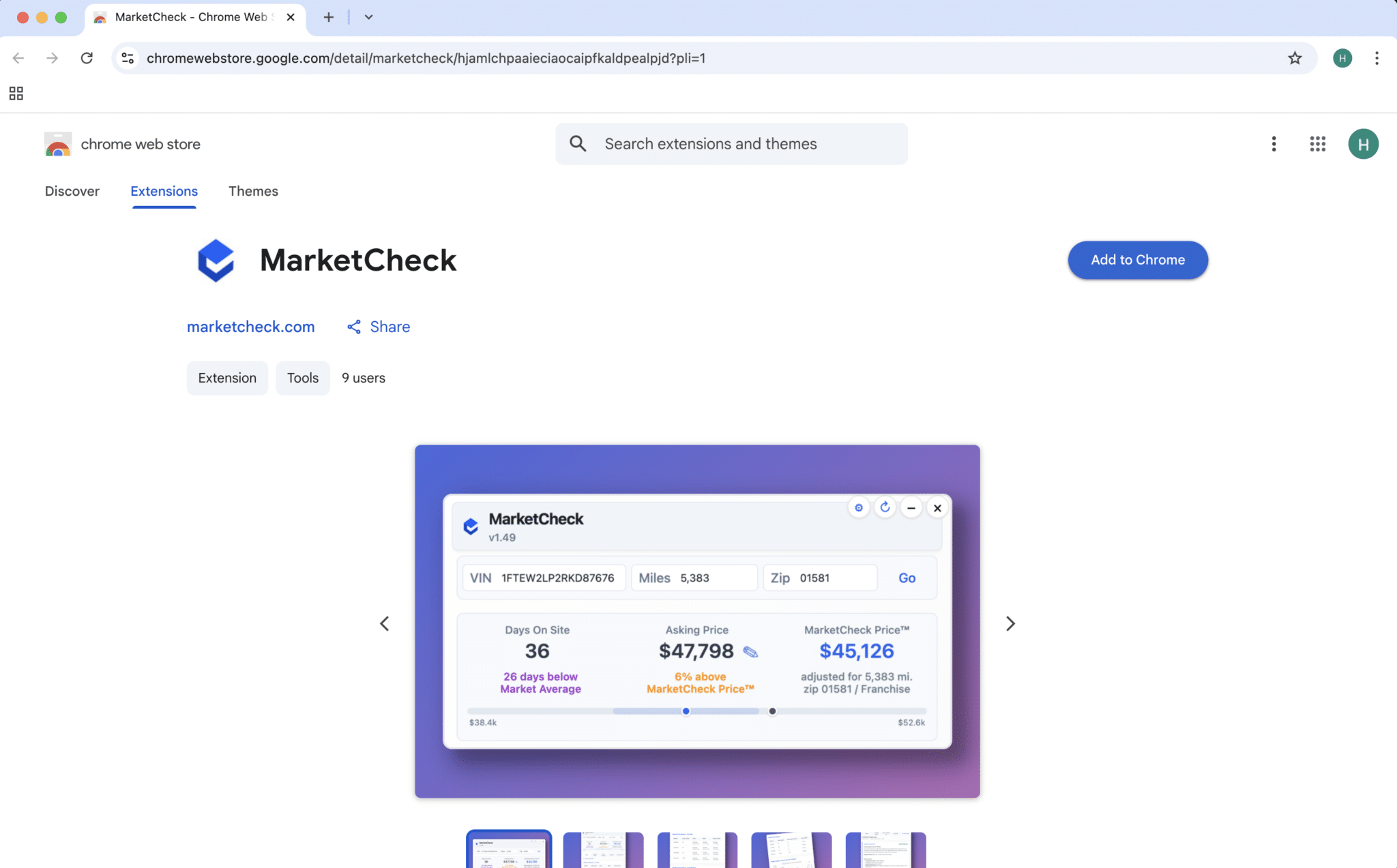 step 1 chrome web store MarketCheck extension